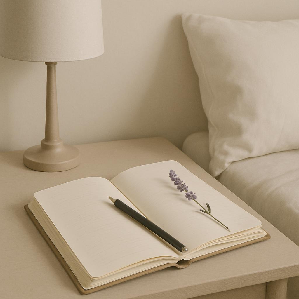 A bed with white sheets, a beige nightstand to the left, featuring an open notebook with a flower on the pages, a pen, and...