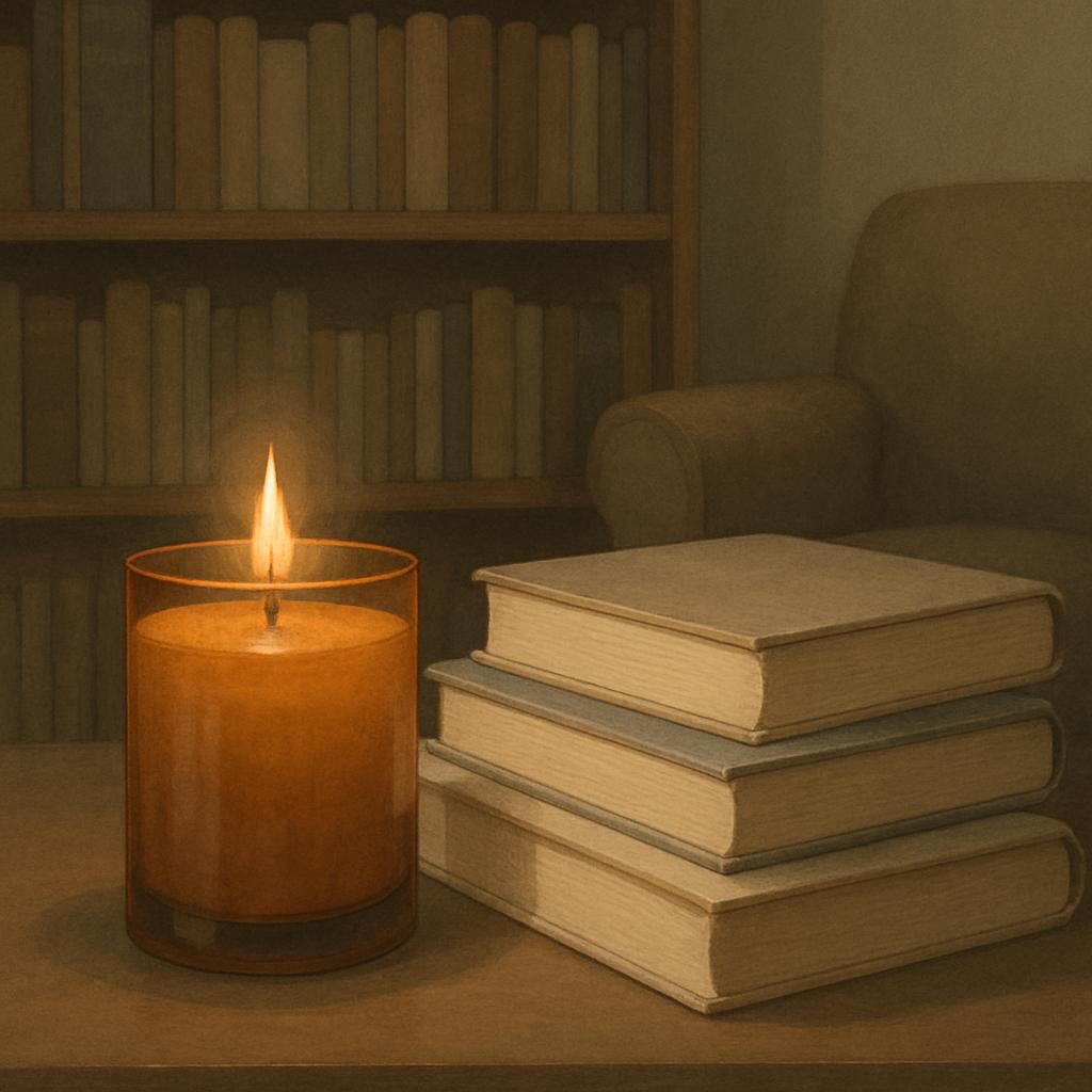 Hand-drawn illustration of a yellow candle with a lit wick in a glass holder next to a stack of four covered books on a wo...