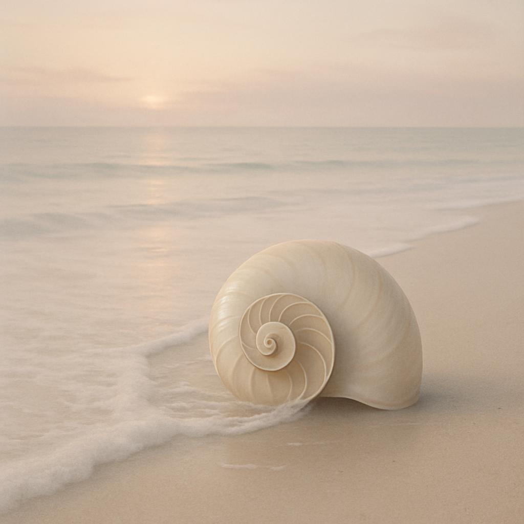 An empty unmarked Nautilus shell sits on a beach. Sideways and facing right, it has subtle, ethereal, sea-foam coloured to...